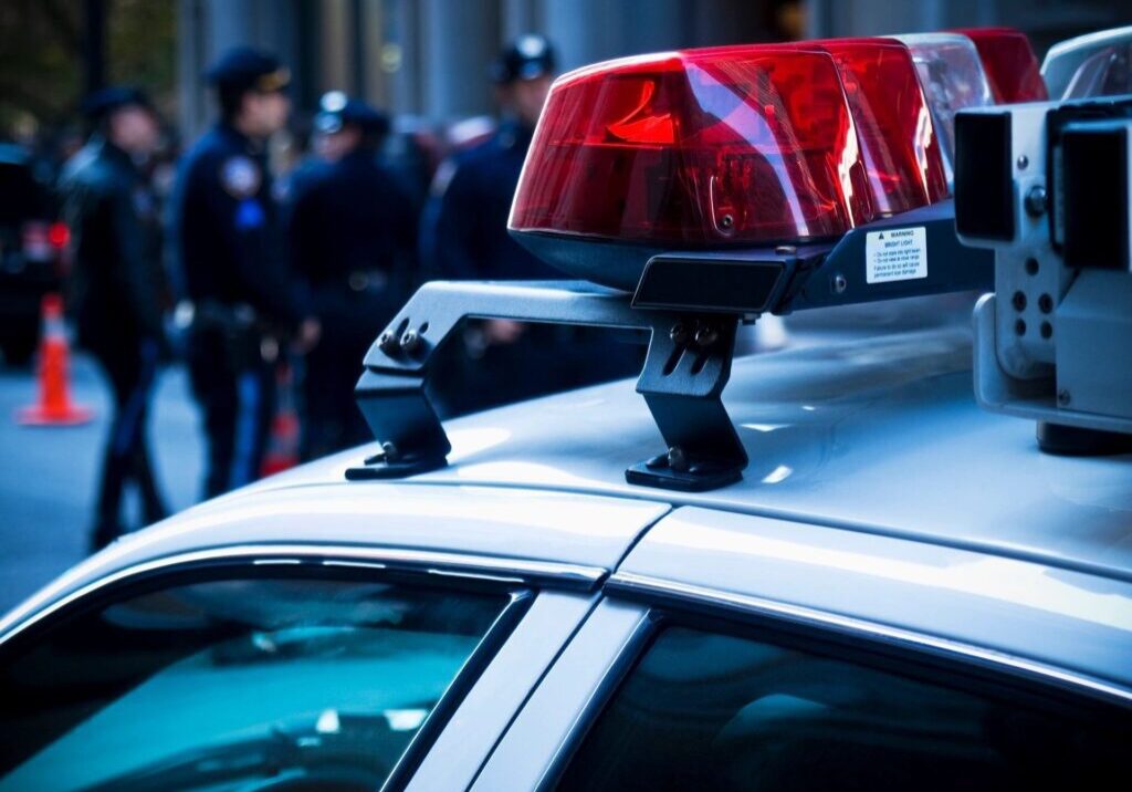 A police car with its lights on is parked.